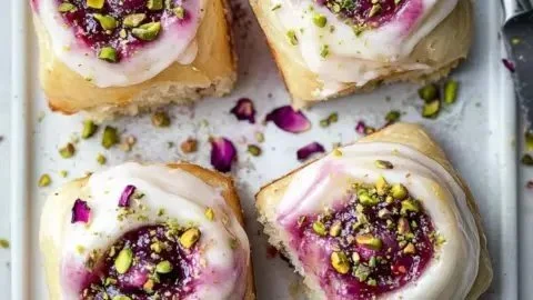 Raspberry and rose cheesecake buns on a plate, garnished with edible flowers.