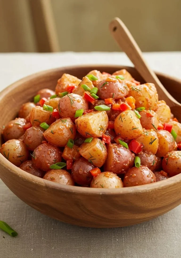 Delicious homemade red potato salad served in a bowl with herbs