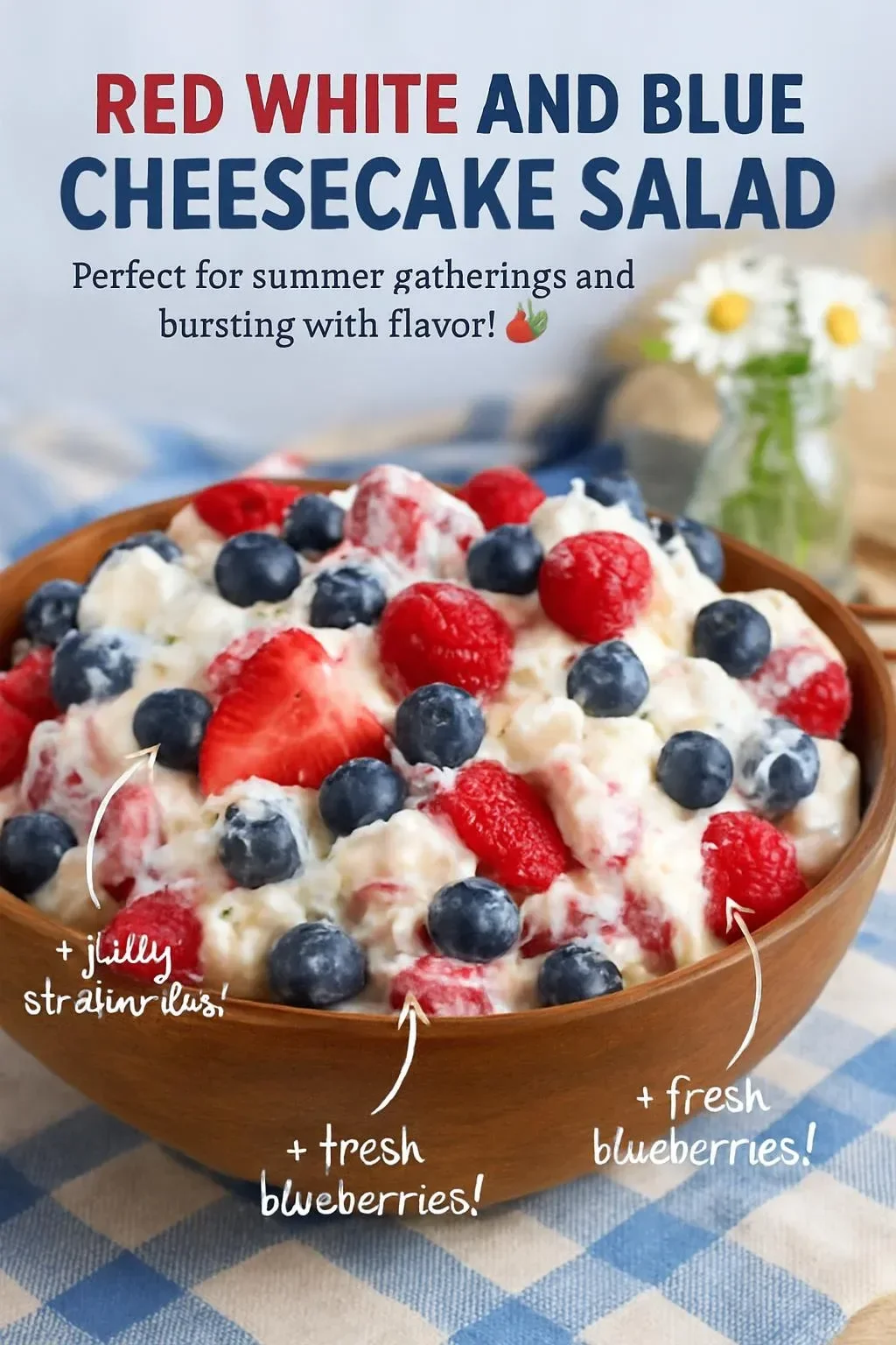Red White and Blue Cheesecake Salad with fresh berries and creamy dressing