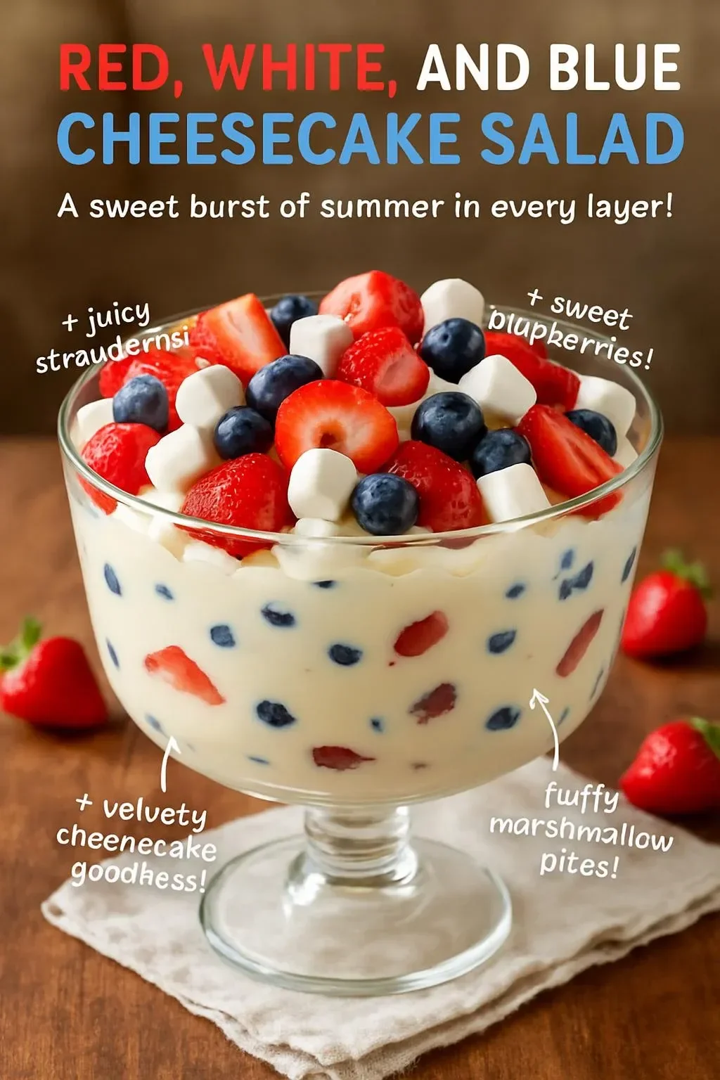 Red, White, and Blue Cheesecake Salad with fresh berries and creamy cheesecake dressing