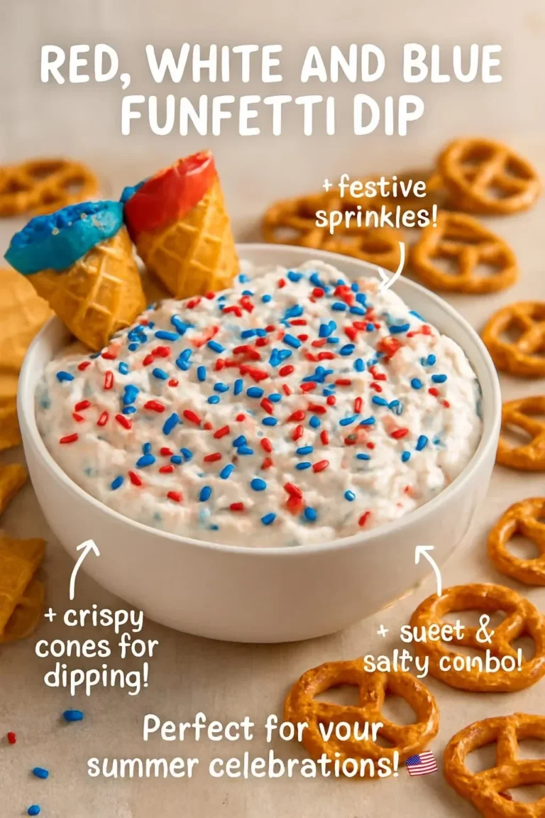 Red, white, and blue funfetti dip in a bowl with festive sprinkles