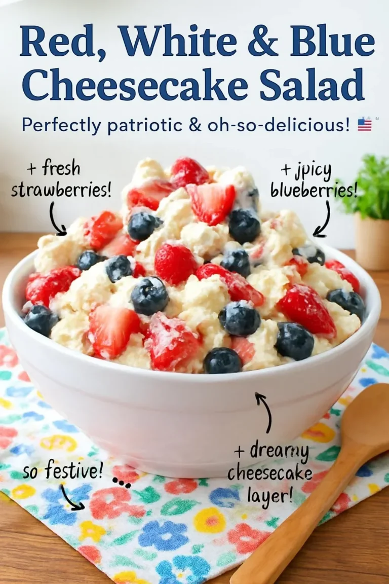 Red, White & Blue Cheesecake Salad with berries and cream cheese topping