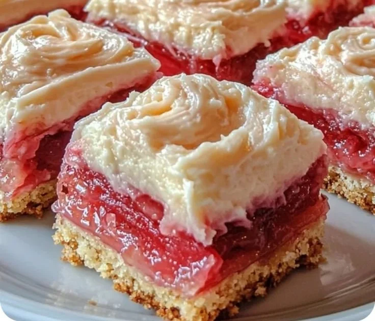 Delicious rhubarb bars topped with cream cheese frosting