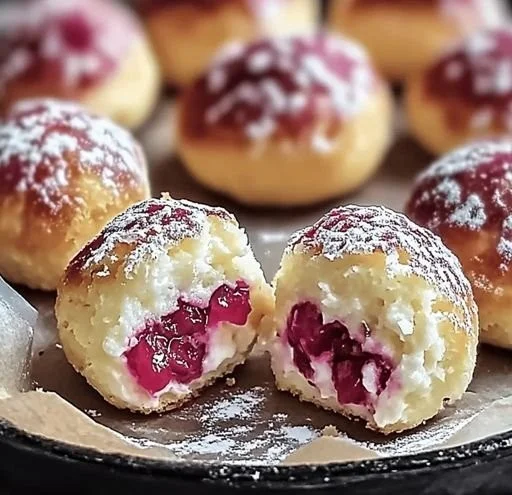 Rhubarb cheesecake bombs garnished with fresh rhubarb and whipped cream