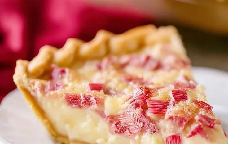 Delicious rhubarb custard pie with flaky crust and fresh rhubarb filling