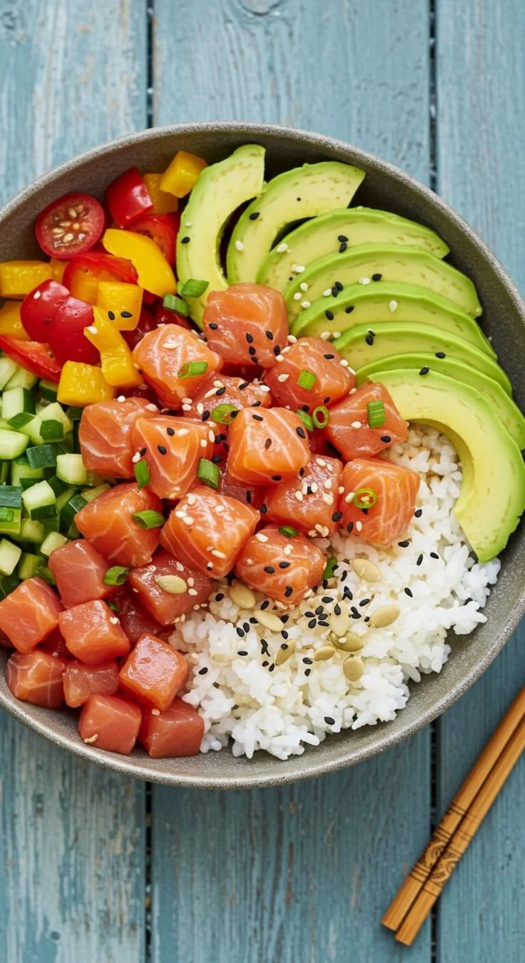 Salmon and Avocado Poke Bowl with fresh ingredients and colorful presentation