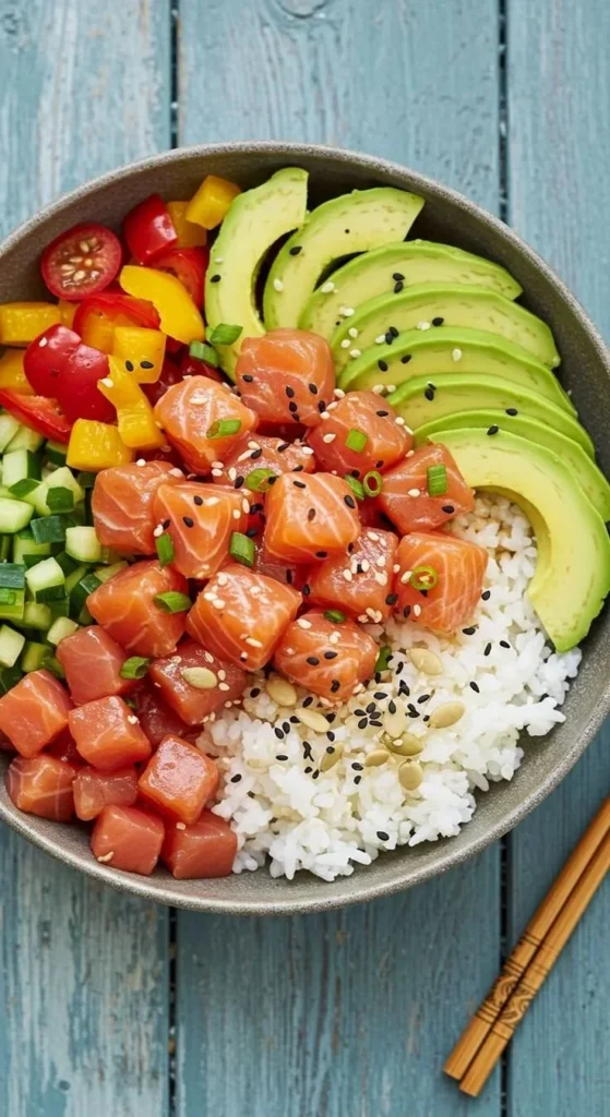 Salmon and Avocado Poke Bowl with fresh ingredients