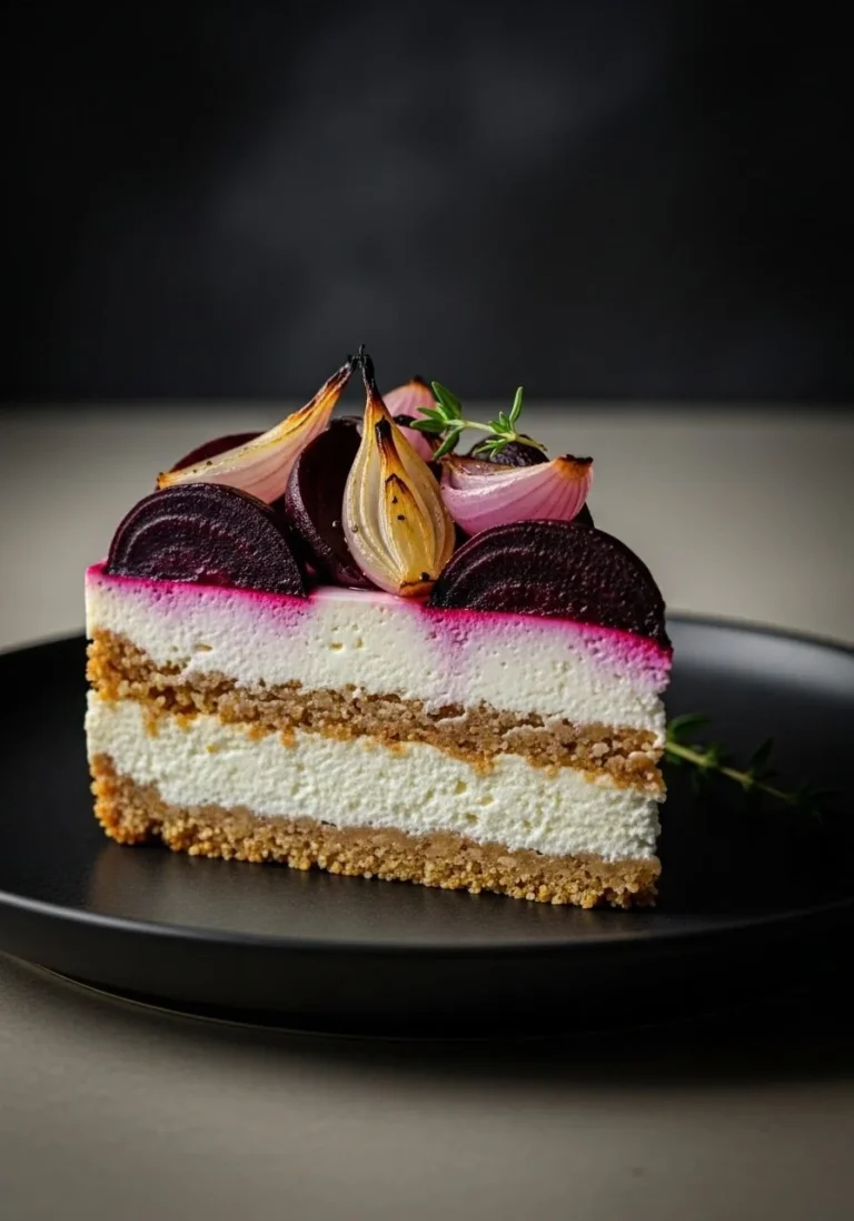 Savory cheesecake topped with roasted beetroot on a rustic plate