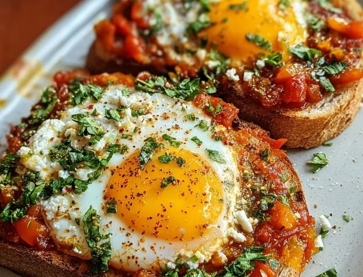 Delicious Shakshouka Toast topped with poached eggs and spices on crusty bread