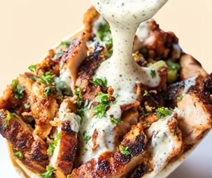 Plate of Shawarma Chicken drizzled with garlic sauce