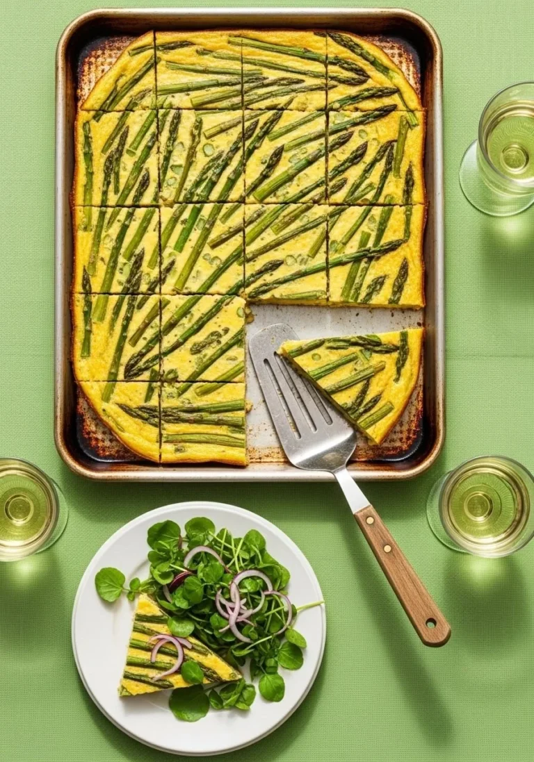 Sheet pan asparagus frittata garnished and ready to serve