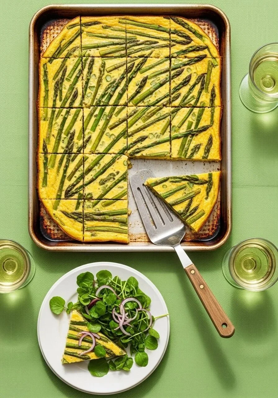 Sheet pan asparagus frittata baked with fresh asparagus and eggs