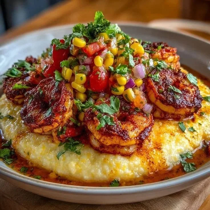 Shrimp and grits with corn salsa served in a bowl