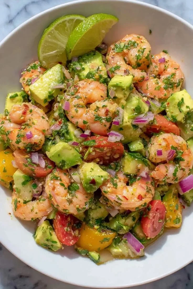 Delicious shrimp salad with fresh vegetables and a zesty dressing