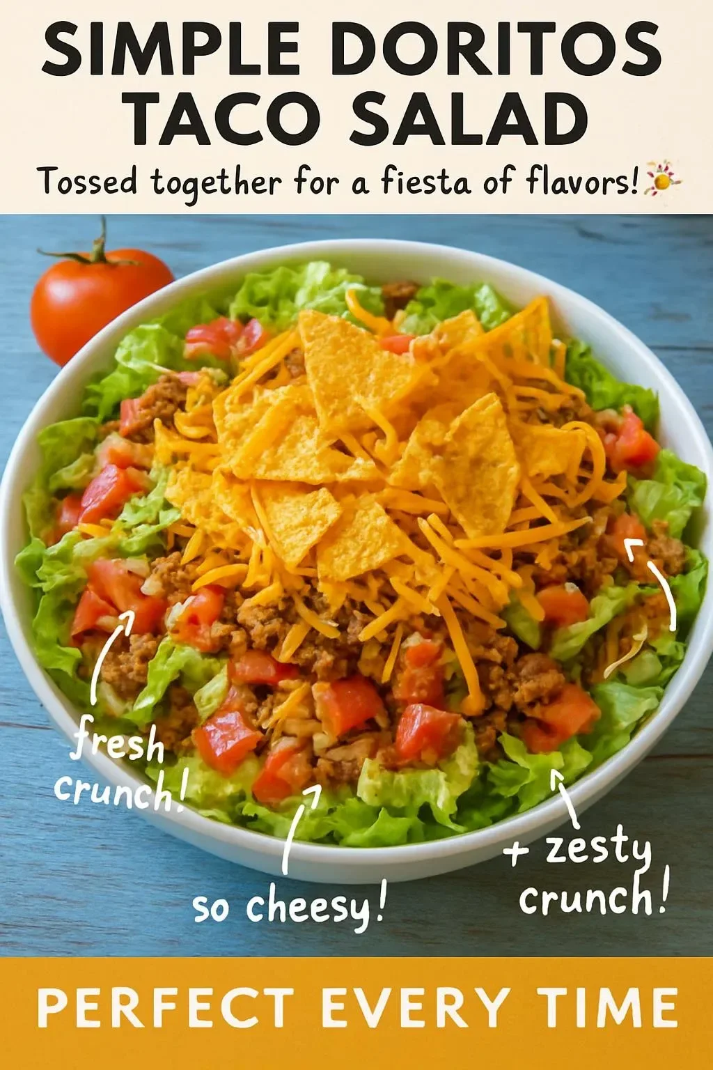 Bowl of simple Doritos Taco Salad with colorful ingredients and crunchy chips