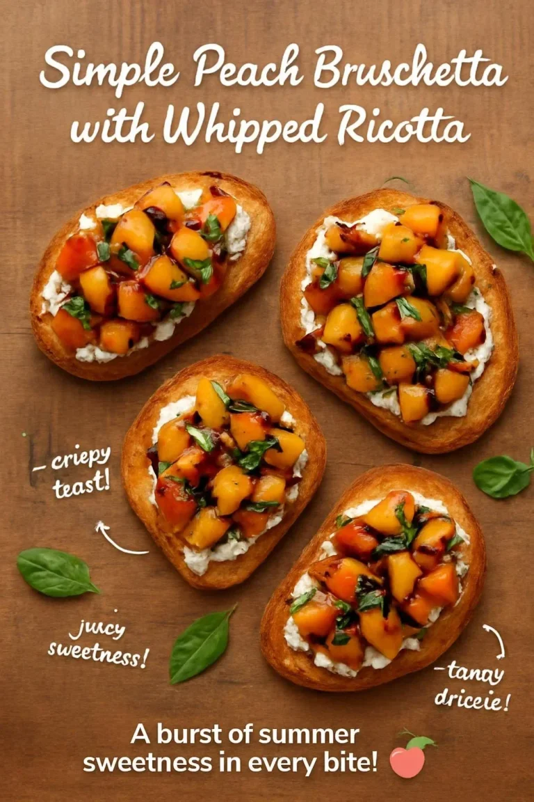 Simple peach bruschetta topped with whipped ricotta on a rustic plate