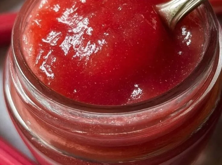 Homemade simple rhubarb butter in a jar with a spoon