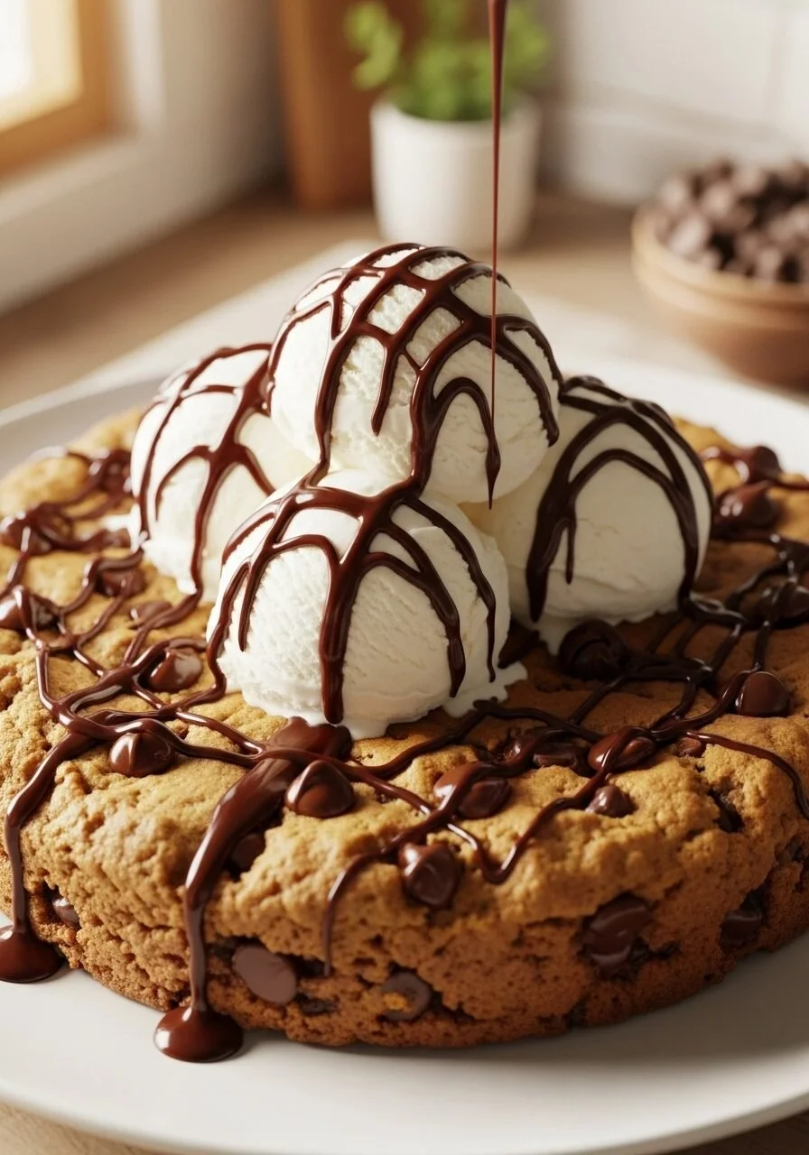 Delicious slow cooker chocolate chip cookie topped with melted chocolate chips
