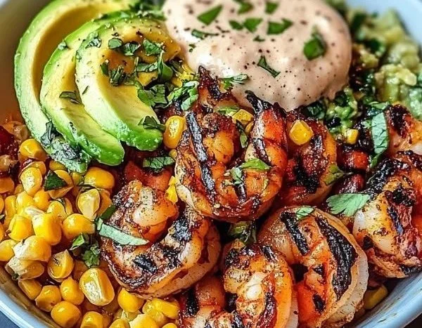 Delicious smoky charred shrimp served with vibrant corn salsa