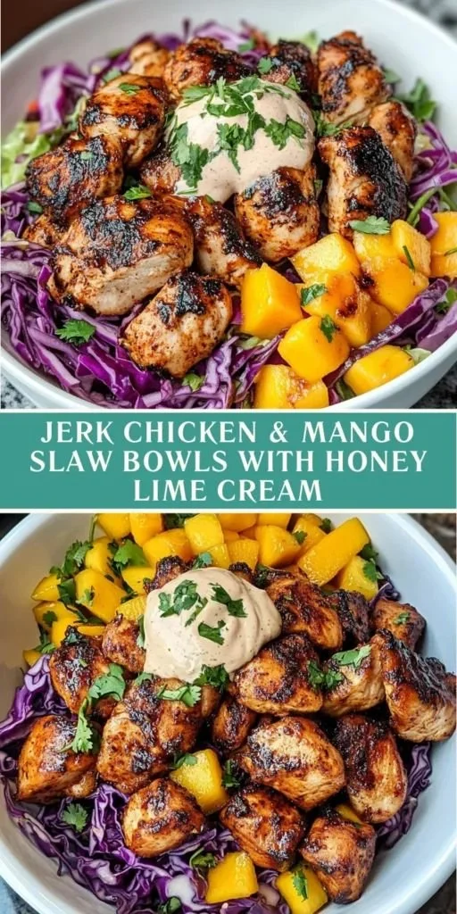 Plate of spicy jerk chicken with colorful mango slaw.