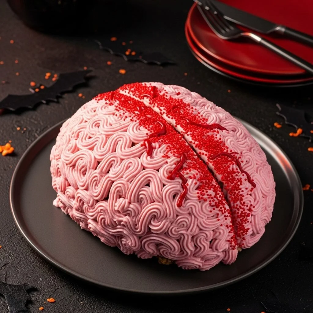 Spooky stuffed crispy rice cereal brain dessert for Halloween