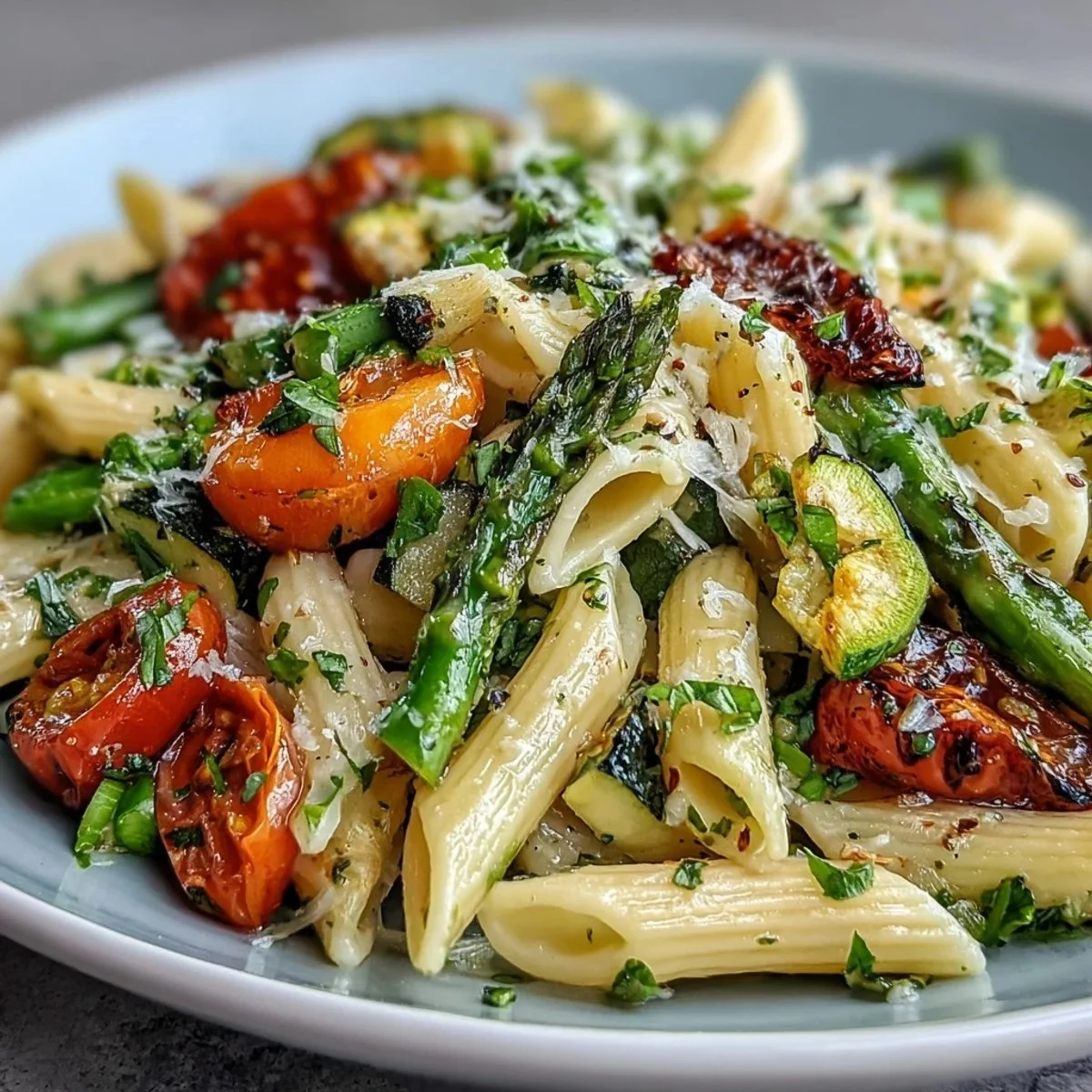 A colorful plate of Pasta Primavera with a variety of spring vegetables.