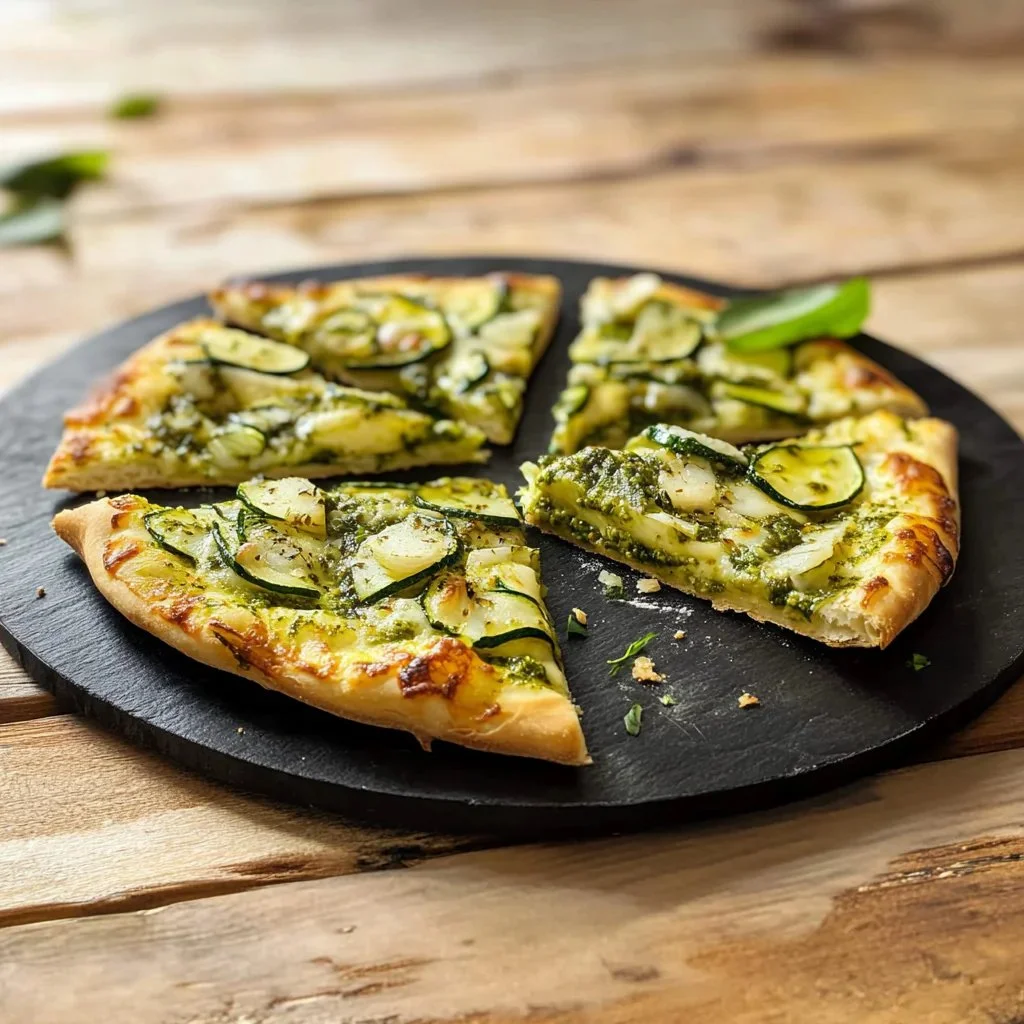 Spring Veggie Flatbread topped with fresh vegetables and pesto sauce