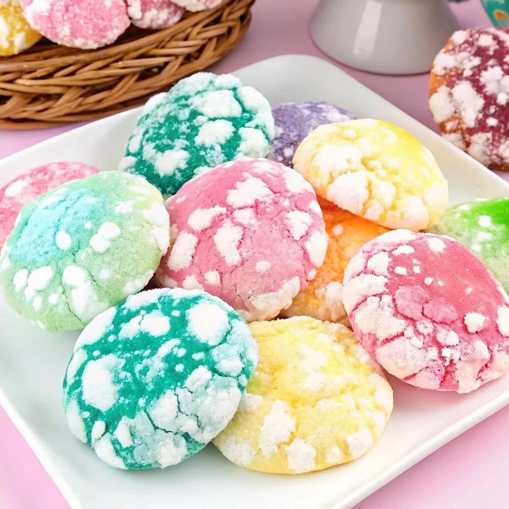 Freshly baked springtime crinkle cookies dusted with powdered sugar.
