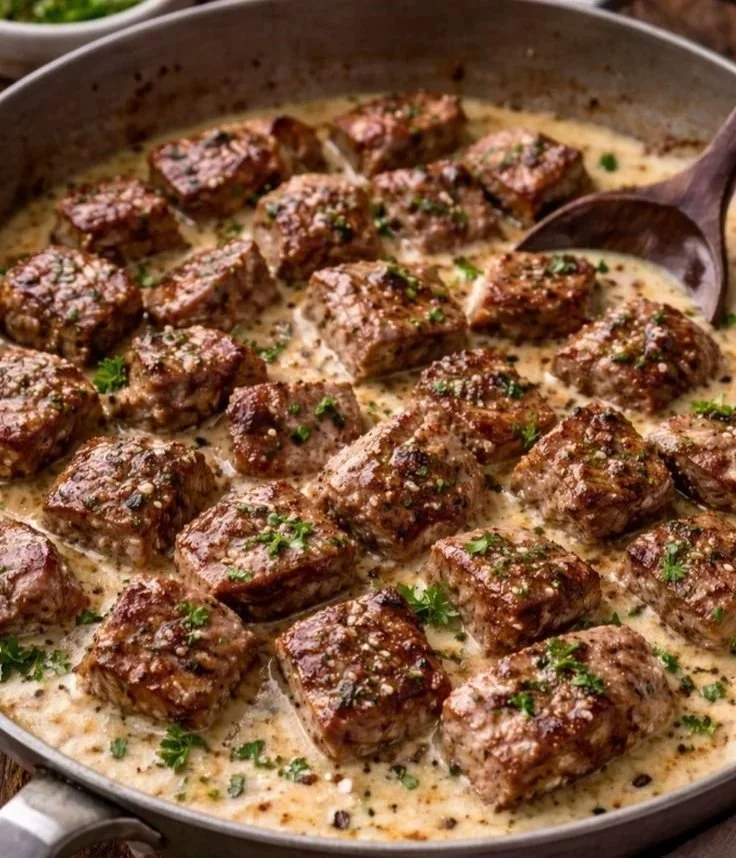 Delicious steak bites served with creamy peppercorn sauce