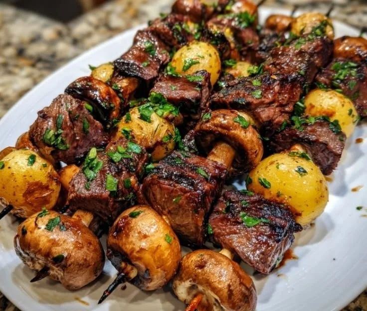 Grilled steak kabobs with colorful vegetables on skewers