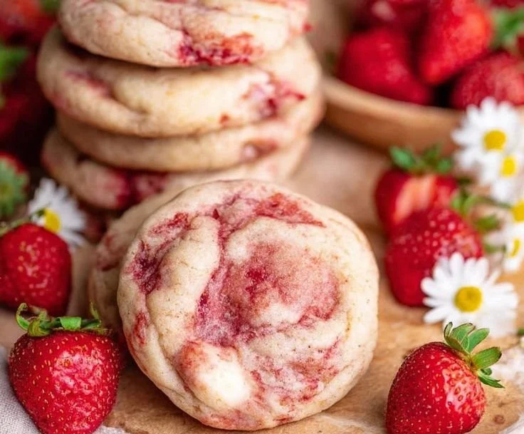 Freshly baked strawberry cheesecake cookies on a plate