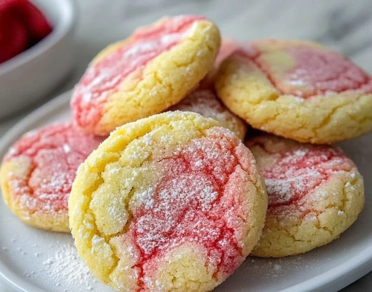 Delicious strawberry lemonade cookies decorated with lemon slices and strawberries.