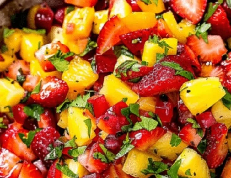 Bowl of fresh strawberry pineapple salsa with vibrant colors and ingredients