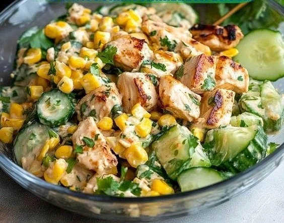 Creamy cucumber chicken salad with street corn, a delicious summer dish