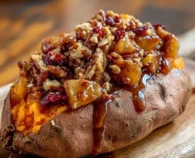 Stuffed sweet potatoes filled with apples and spices, garnished for a delicious meal.