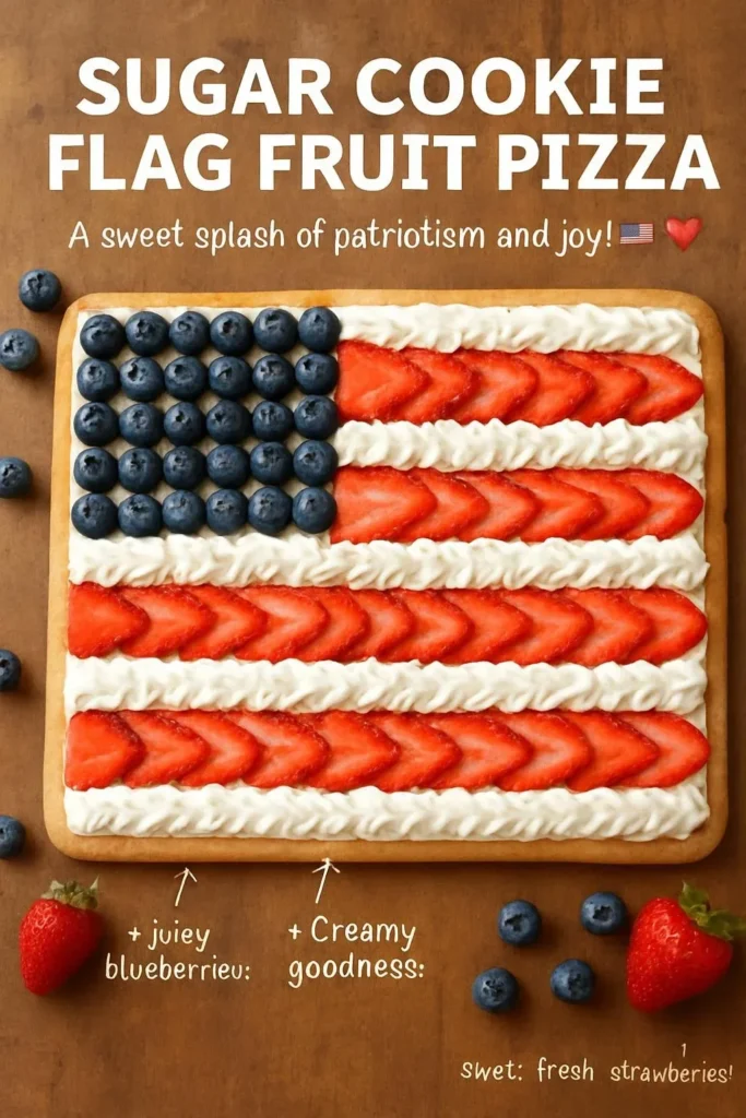 Colorful Sugar Cookie Flag Fruit Pizza topped with fresh fruit