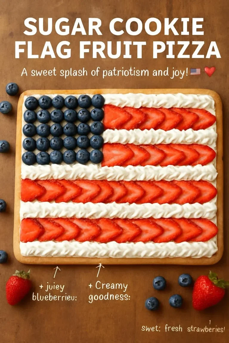 Colorful Sugar Cookie Flag Fruit Pizza topped with fresh fruit