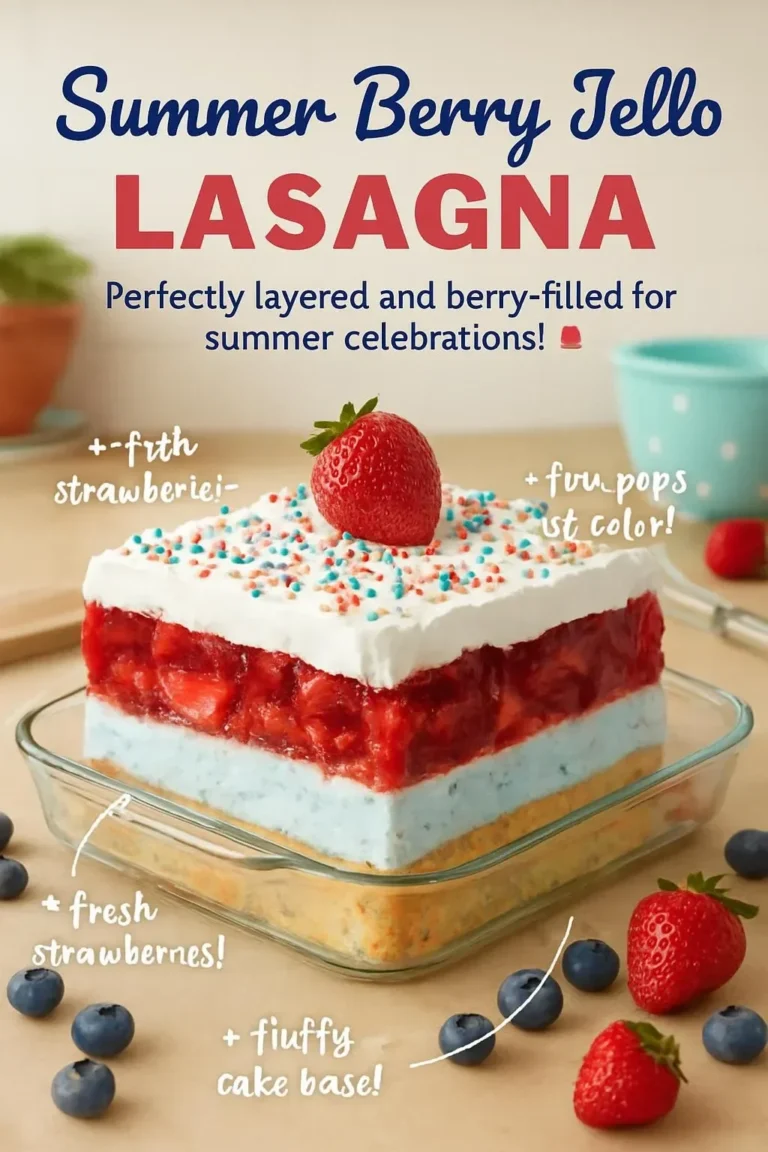 Colorful Summer Berry Jello Lasagna with fresh berries and creamy layers