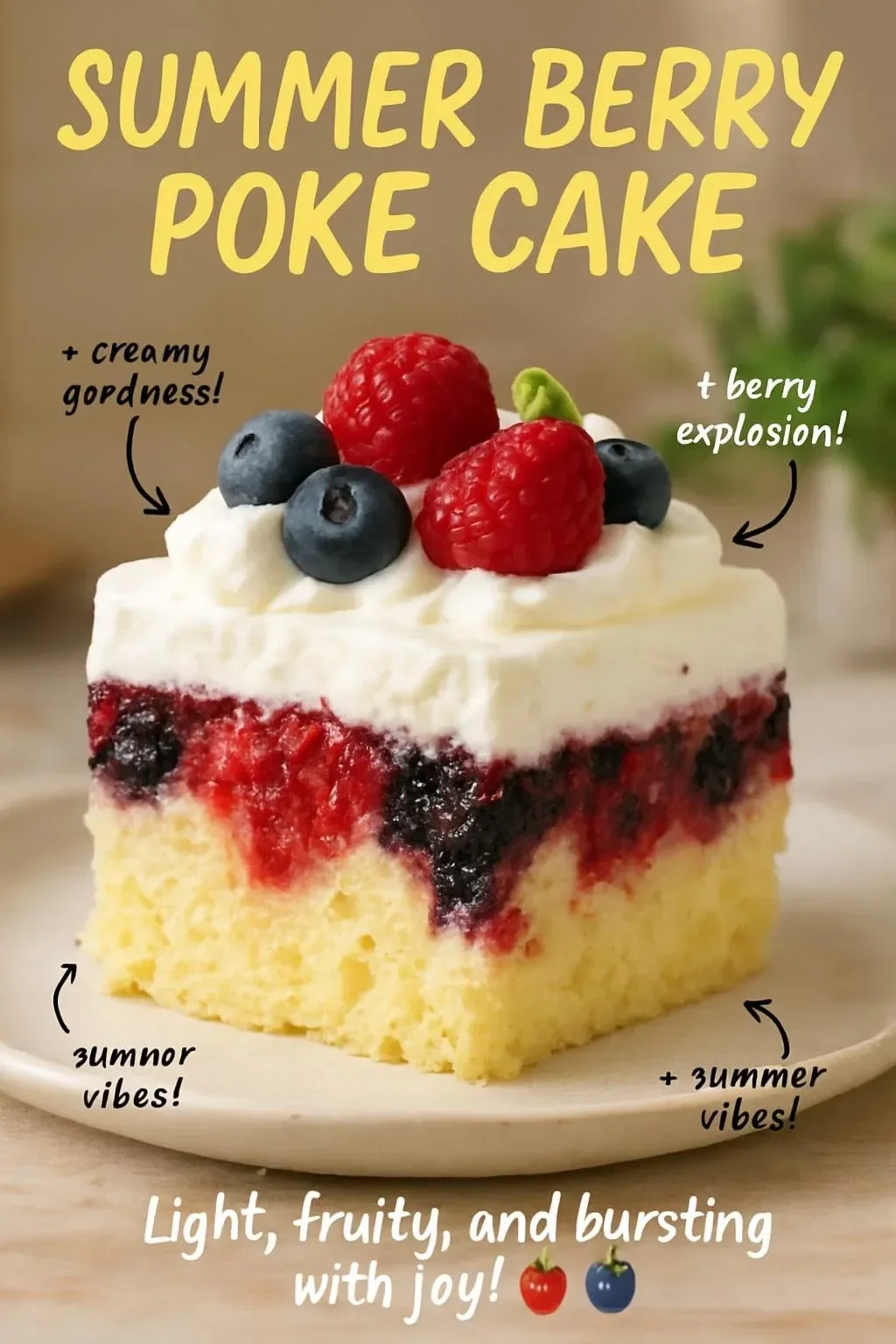 Summer Berry Poke Cake topped with fresh strawberries and blueberries.