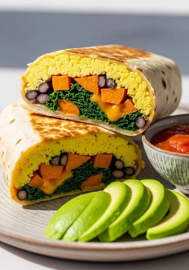 Sweet Potato Breakfast Burrito on a plate with fresh ingredients and spices.