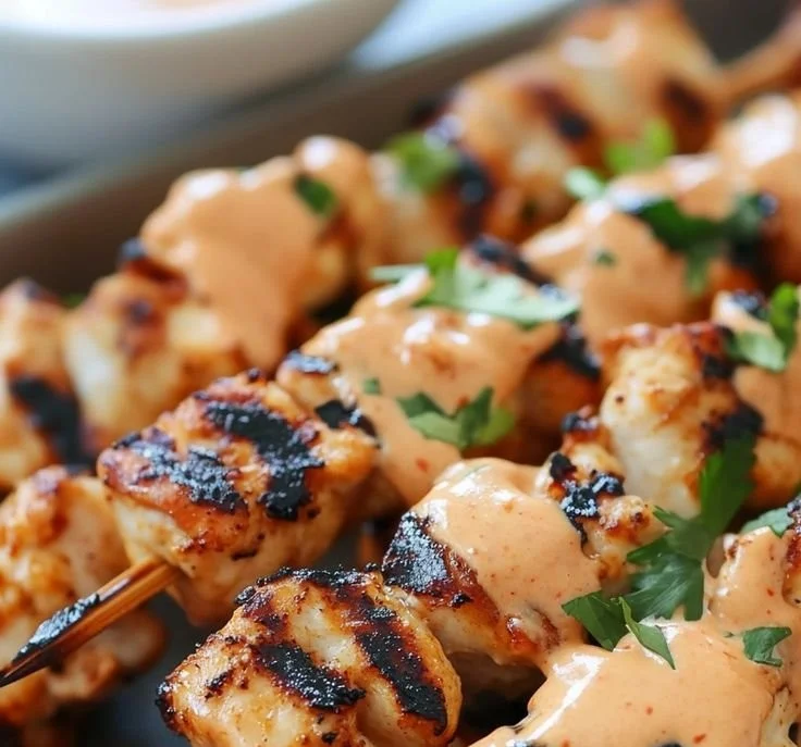 Grilled Bang Bang Chicken Skewers on a platter with dipping sauce