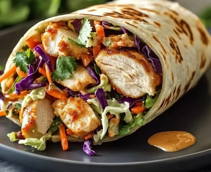 Delicious Thai Chicken Wraps served with crunchy Asian slaw on a table.