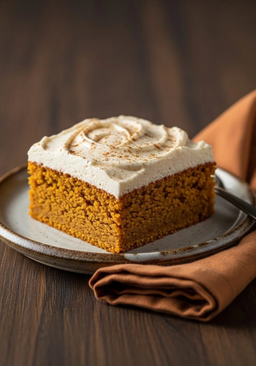 Delicious pumpkin bars with cream cheese frosting on a plate