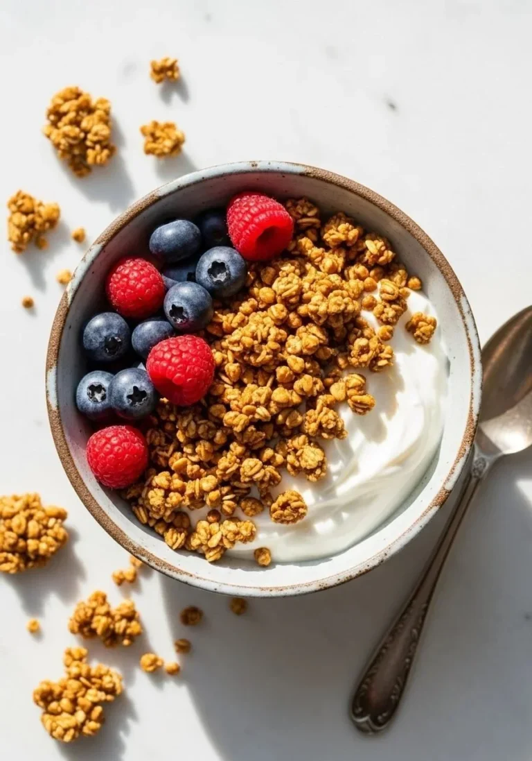 A bowl of homemade almond-buckwheat granola with fruits and nuts