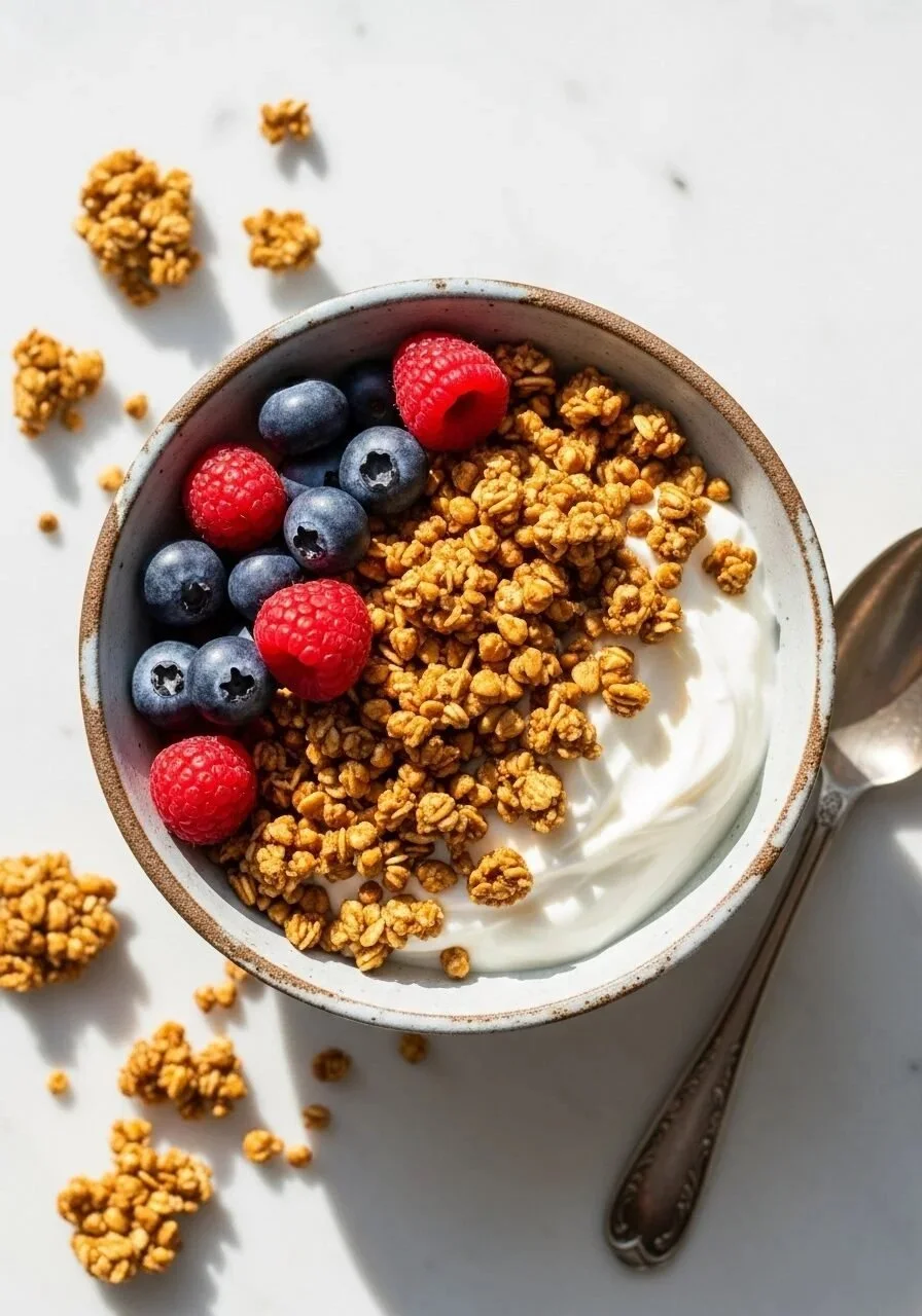 A bowl of homemade almond-buckwheat granola with fruits and nuts
