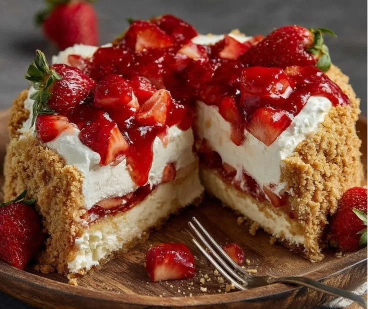 A delicious slice of the ultimate dessert recipe topped with fresh berries