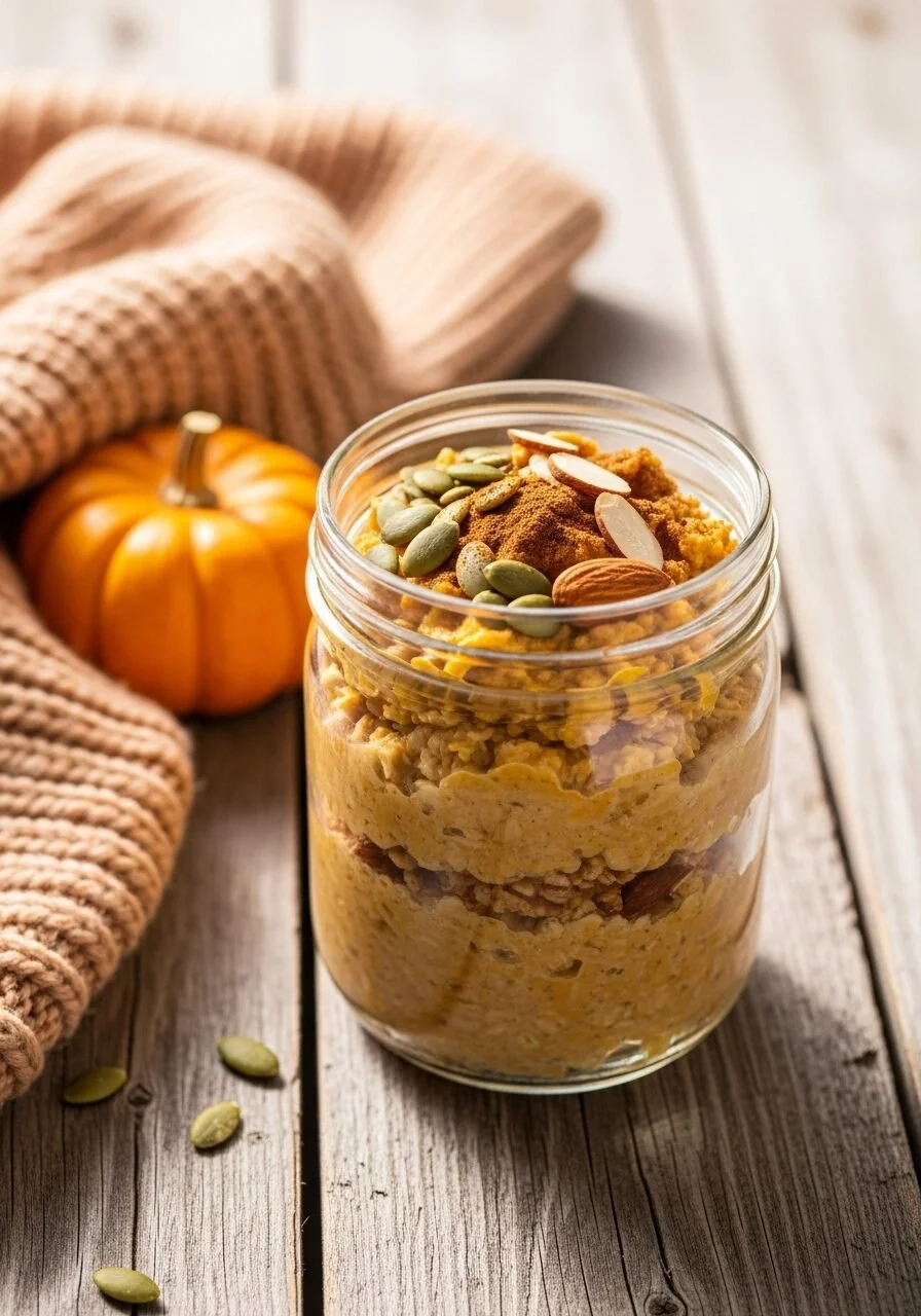Creamy pumpkin pie overnight oats in a glass topped with spices and pumpkin seeds