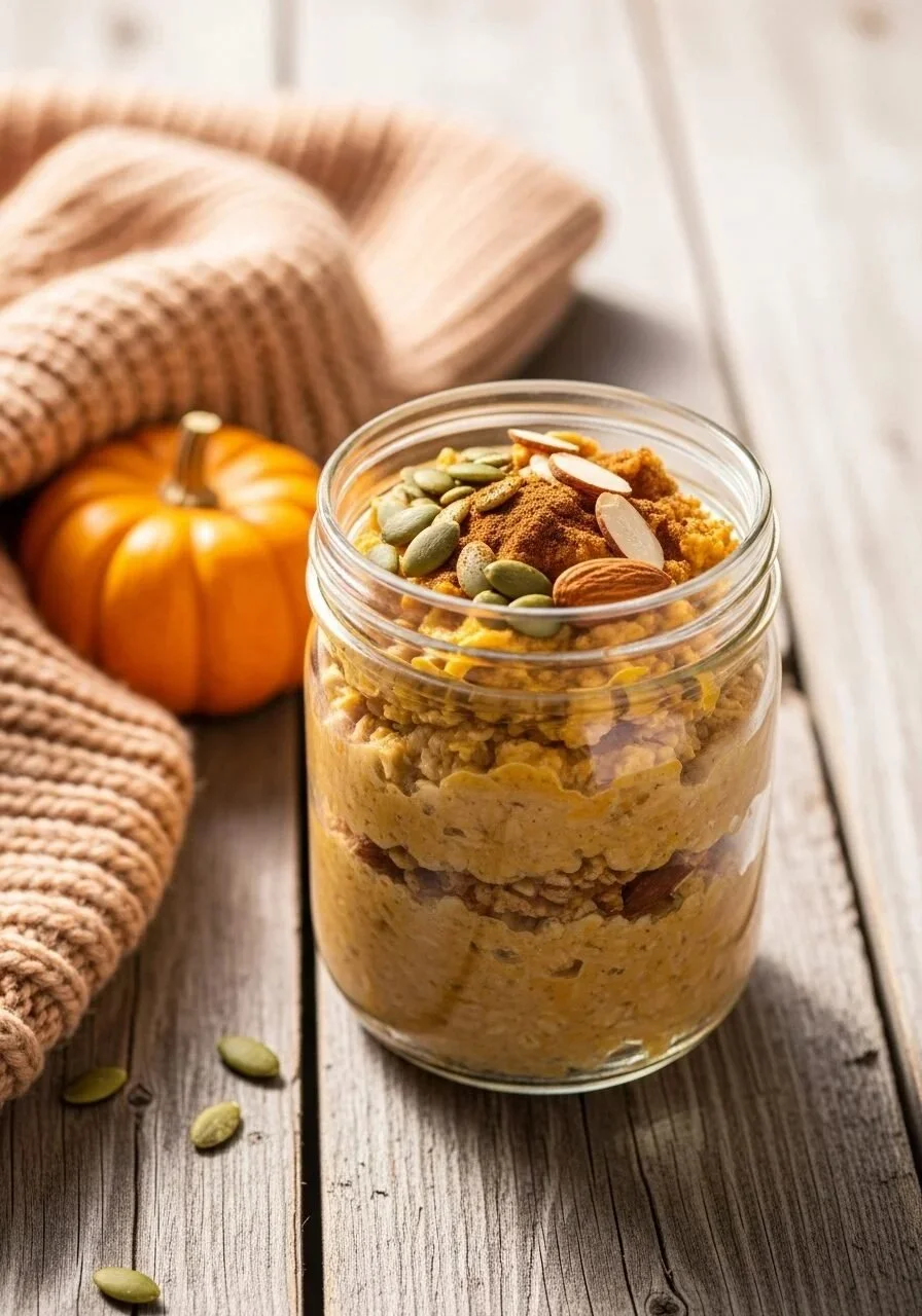 Bowl of pumpkin pie overnight oats topped with whipped cream and cinnamon