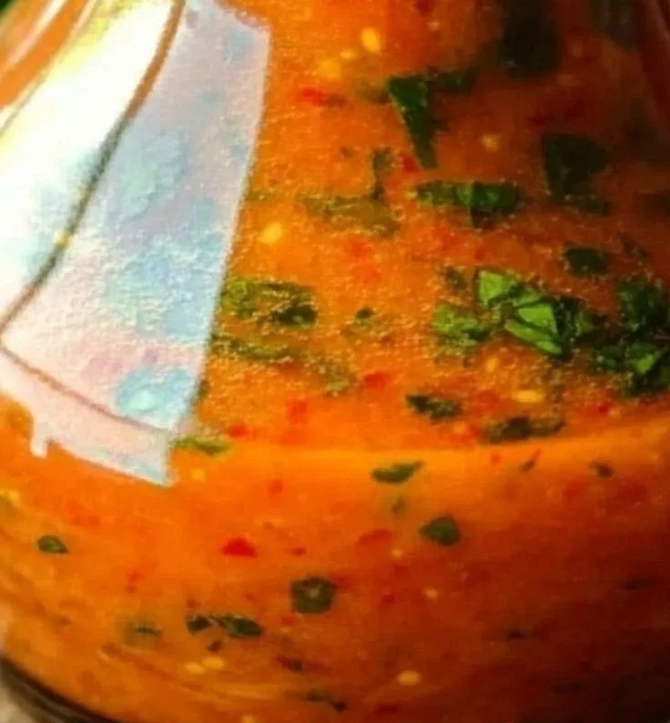 Bottle of homemade Tomato Basil Vinaigrette dressing with fresh basil and tomatoes
