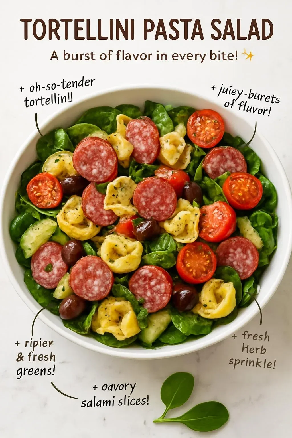 Colorful tortellini pasta salad with fresh vegetables and dressing
